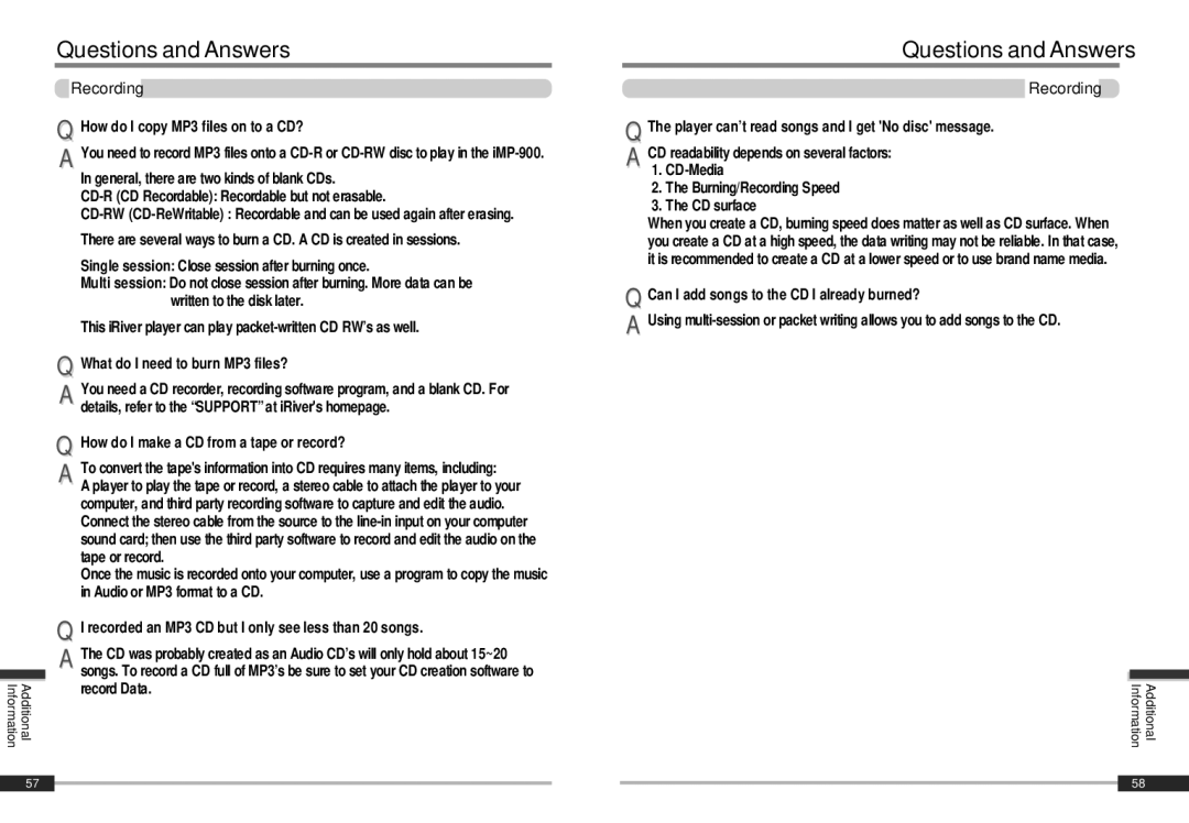 IRiver iMP-900 instruction manual Recording 