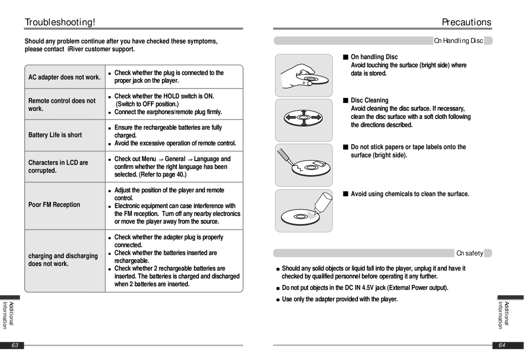 IRiver iMP-900 instruction manual Precautions, On Handling Disc, On safety 