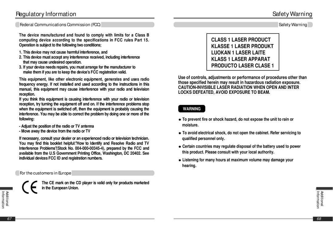 IRiver iMP-900 Regulatory Information, Safety Warning, Federal Communications Commission FCC, For the customers in Europe 