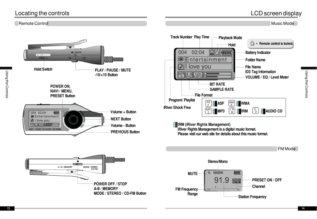 IRiver iMP-900 instruction manual LCD screen display, Remote Control, Music Mode, FM Mode 