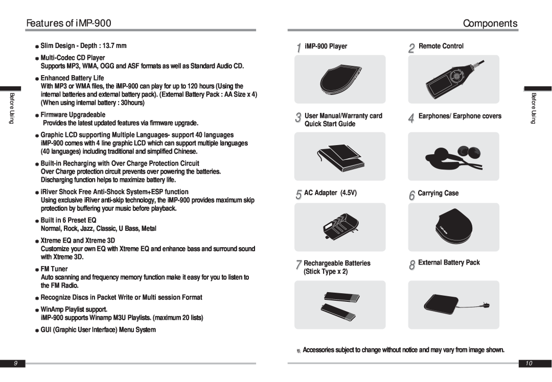 IRiver instruction manual Features of iMP-900, Components 