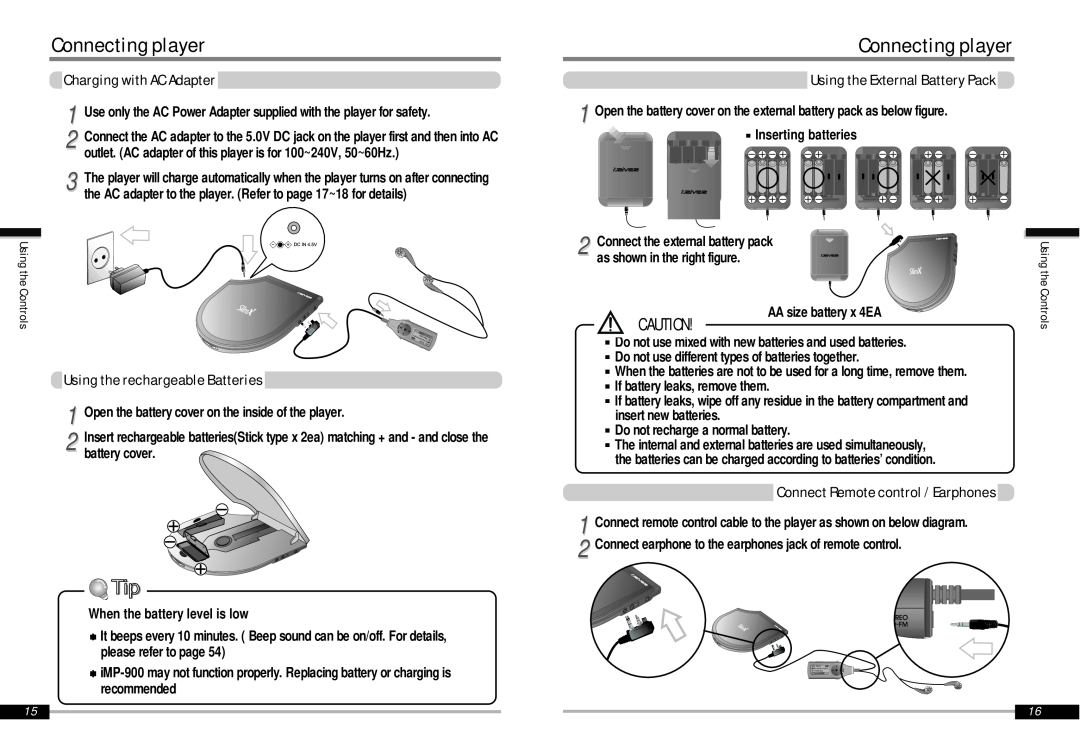 IRiver iMP-900 instruction manual Connecting player, Charging with AC Adapter, Using the rechargeable Batteries 