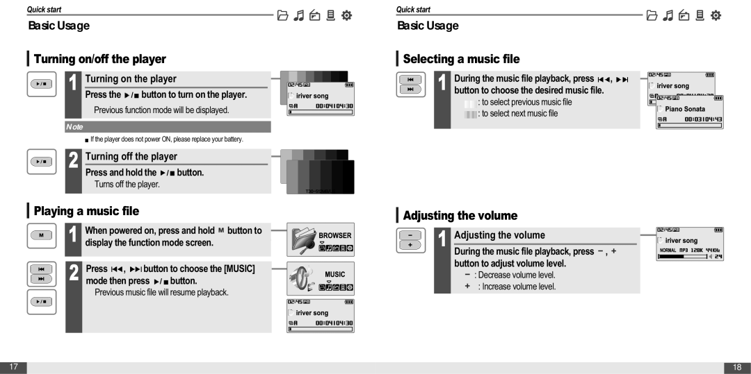 IRiver MP3 Player T30 Turning on/off the player, Playing a music file, Selecting a music file, Adjusting the volume 