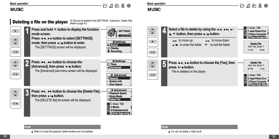 IRiver MP3 Player T30 instruction manual Press Button to choose, File is deleted on the player 