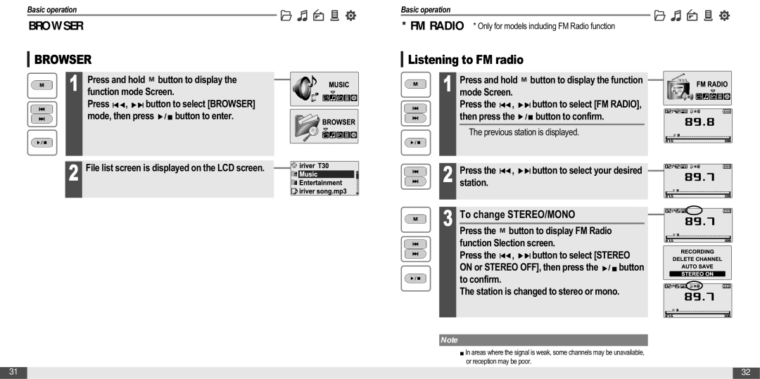 IRiver MP3 Player T30 instruction manual Listening to FM radio, To change STEREO/MONO 