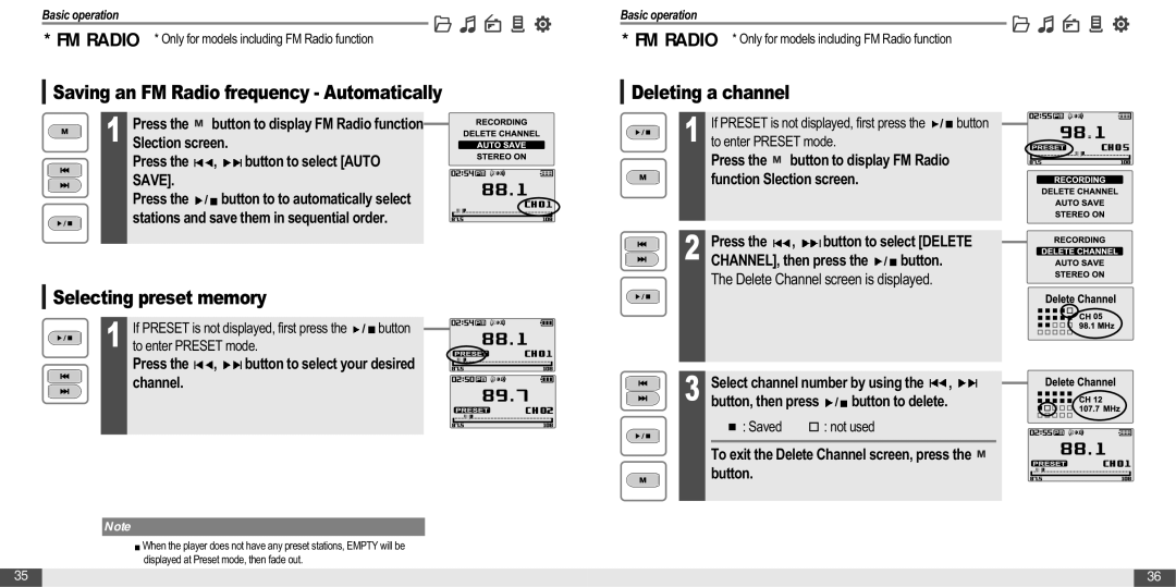 IRiver MP3 Player T30 Saving an FM Radio frequency Automatically, Selecting preset memory, Deleting a channel 