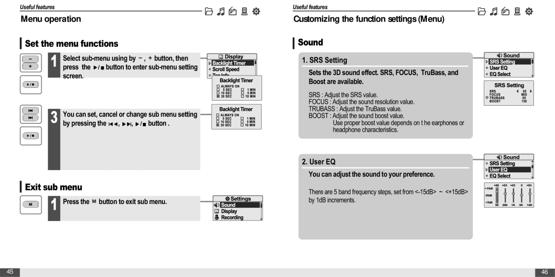 IRiver MP3 Player T30 Set the menu functions, Exit sub menu, Customizing the function settings Menu, Sound 