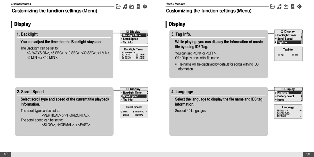 IRiver MP3 Player T30 instruction manual Display, Backlight, Scroll Speed, Tag Info, Language 