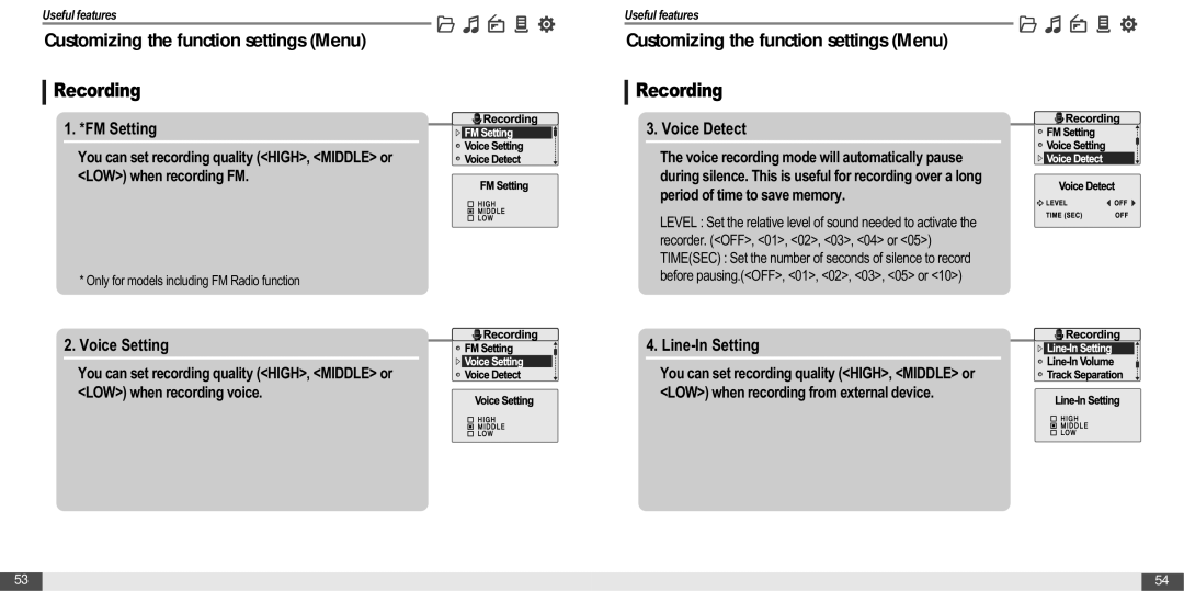 IRiver MP3 Player T30 instruction manual Recording, FM Setting, Voice Setting, Voice Detect, Line-In Setting 