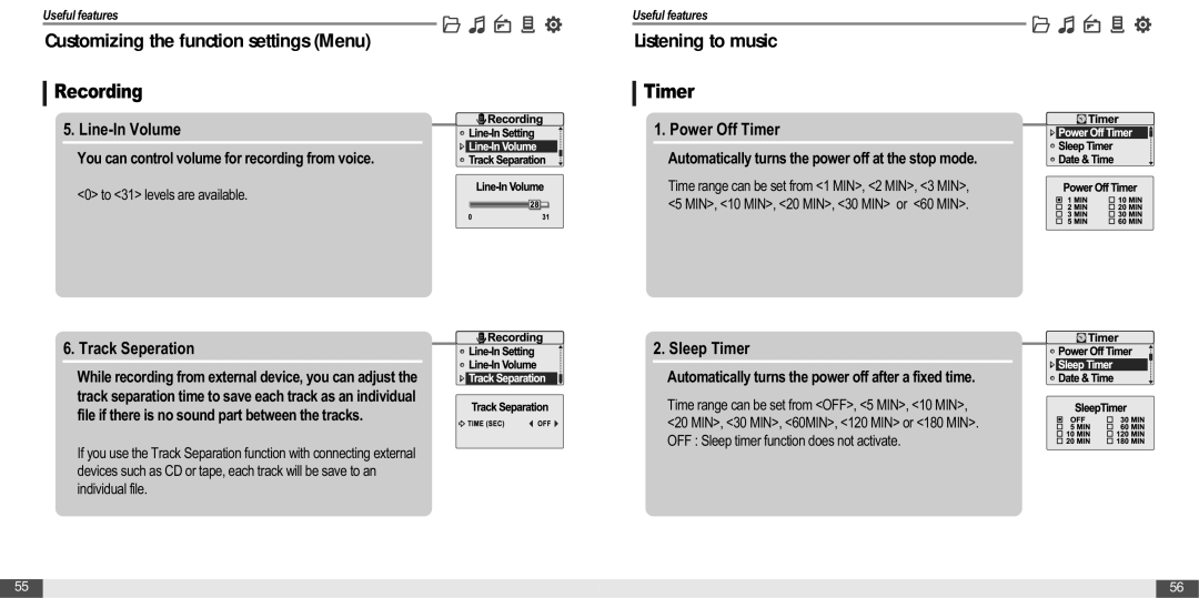 IRiver MP3 Player T30 instruction manual Line-In Volume, Track Seperation, Power Off Timer, Sleep Timer 
