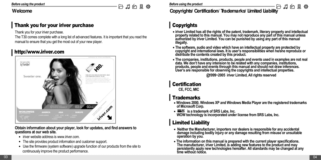 IRiver MP3 Player T30 Thank you for your iriver purchase, Copyrights, Certification, Trademarks, Limited Liability 