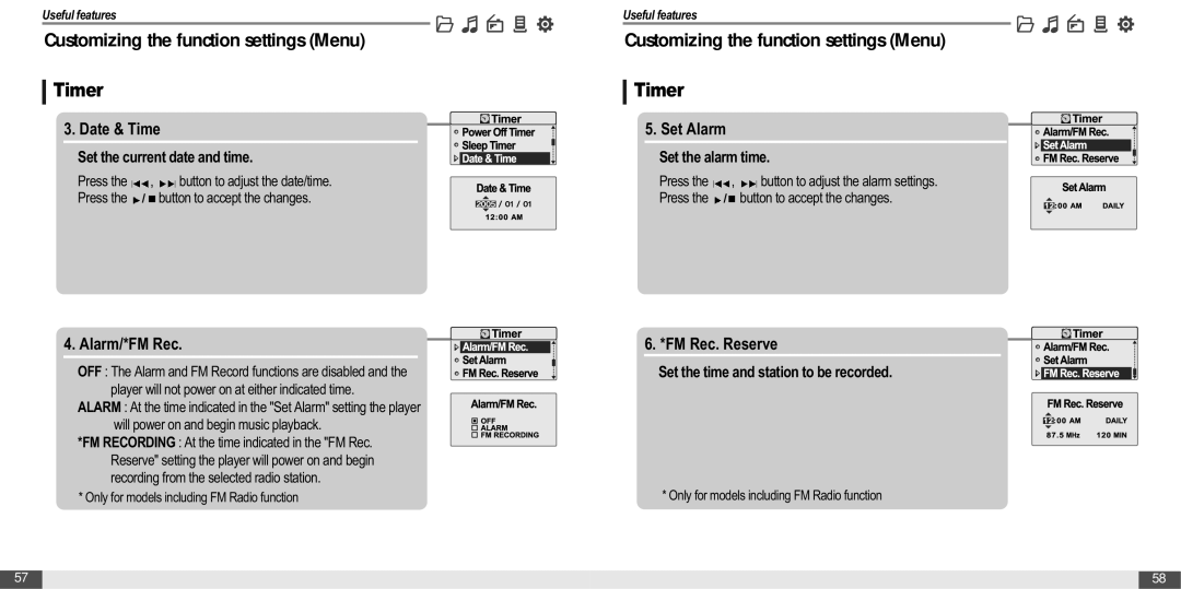 IRiver MP3 Player T30 instruction manual Date & Time, Alarm/*FM Rec, Set Alarm, FM Rec. Reserve 