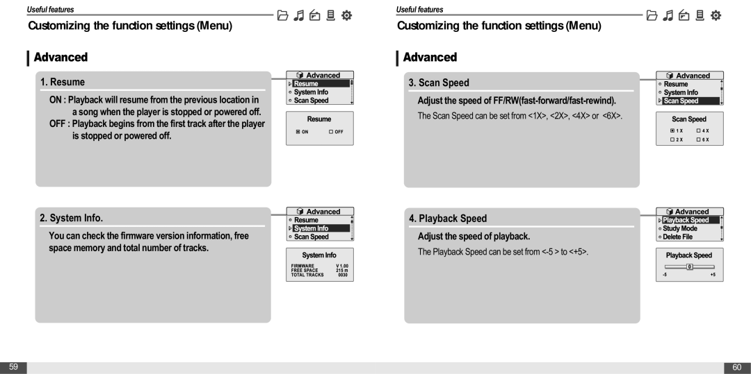 IRiver MP3 Player T30 instruction manual Advanced, Resume, System Info, Scan Speed, Playback Speed 