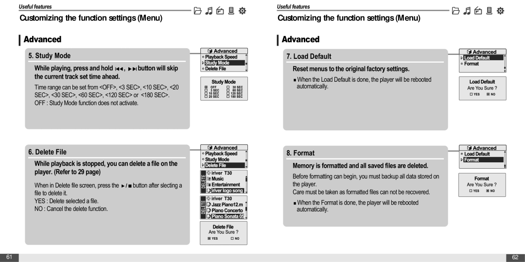 IRiver MP3 Player T30 instruction manual Study Mode, Delete File, Load Default, Format 