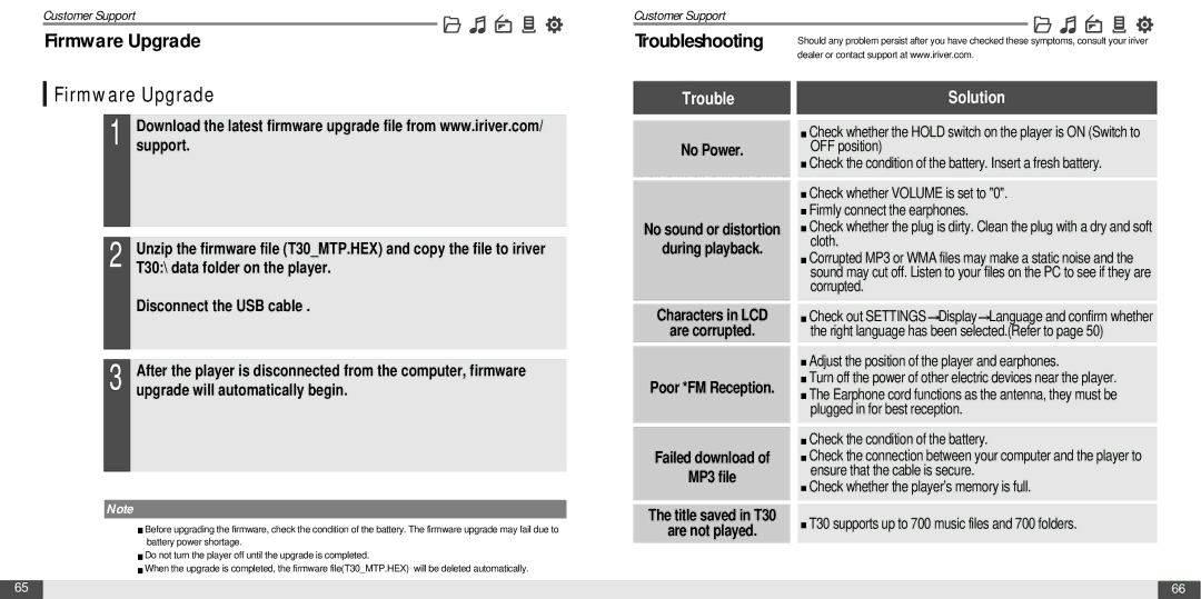 IRiver MP3 Player T30 instruction manual Firmware Upgrade, T30\ data folder on the player, Disconnect the USB cable 