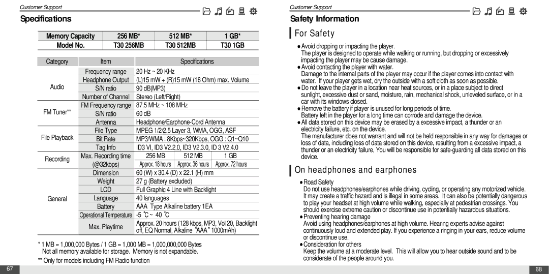 IRiver MP3 Player T30 instruction manual Specifications, For Safety, On headphones and earphones, 256 MB 512 MB, T30 1GB 