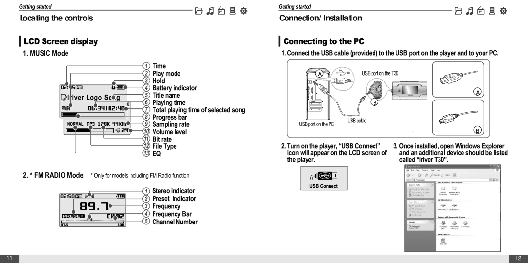 IRiver MP3 Player T30 instruction manual LCD Screen display, Connecting to the PC, Music Mode 