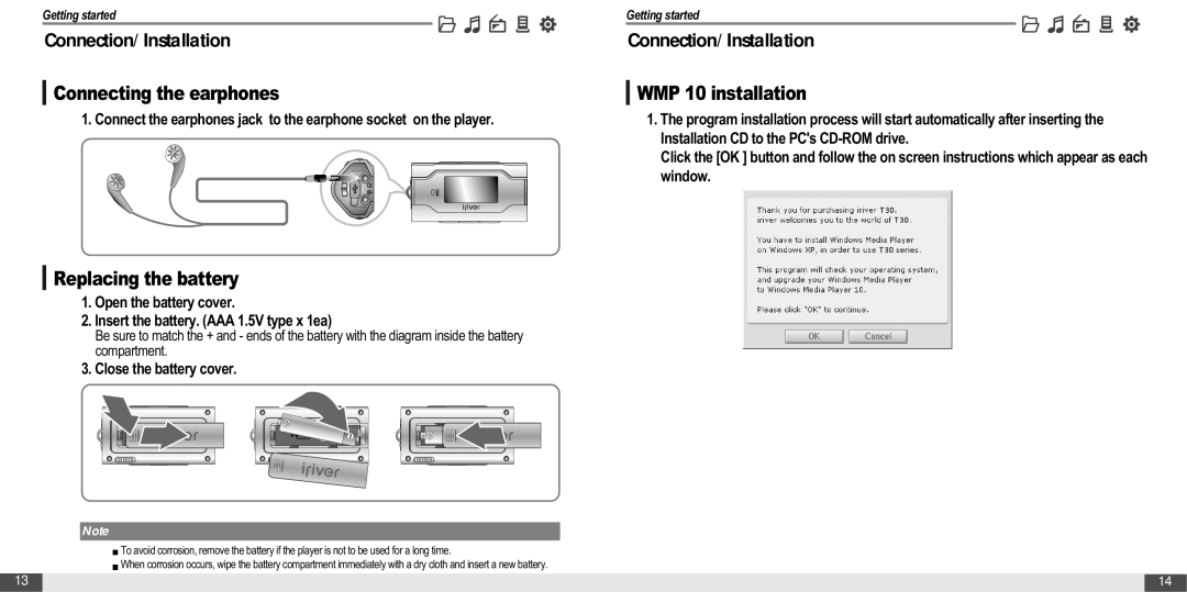 IRiver MP3 Player T30 Connecting the earphones, Replacing the battery, WMP 10 installation, Close the battery cover 