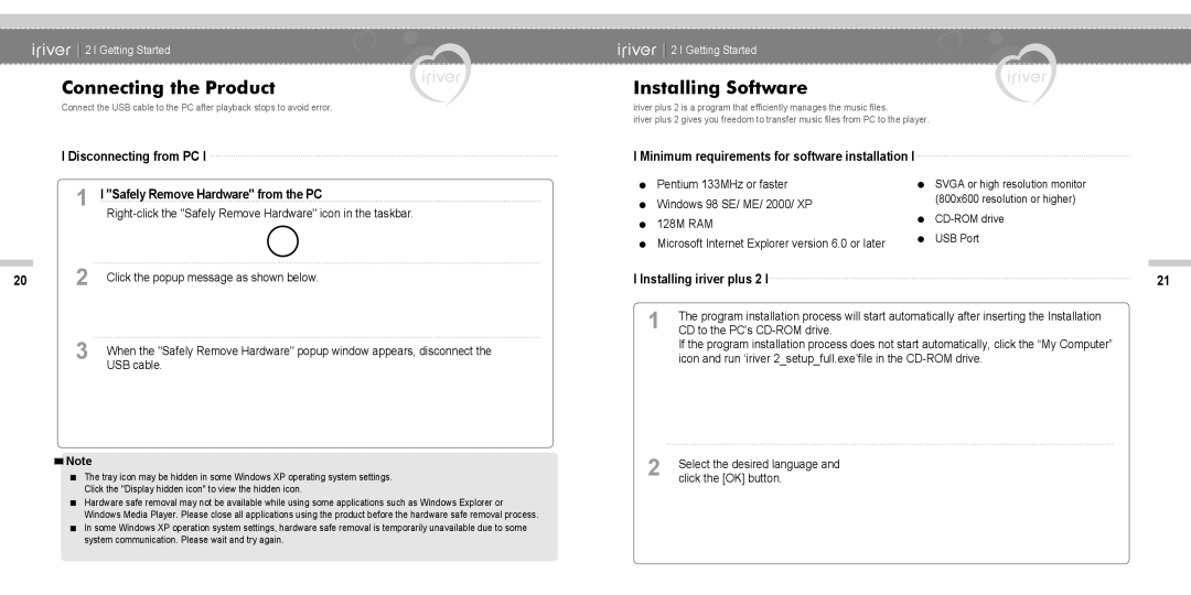 IRiver N11 instruction manual Installing Software, Disconnecting from PC, Hardware from the PC, Installing iriver plus 2 