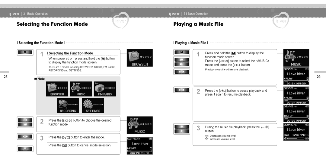 IRiver N11 instruction manual Selecting the Function Mode, Playing a Music File 