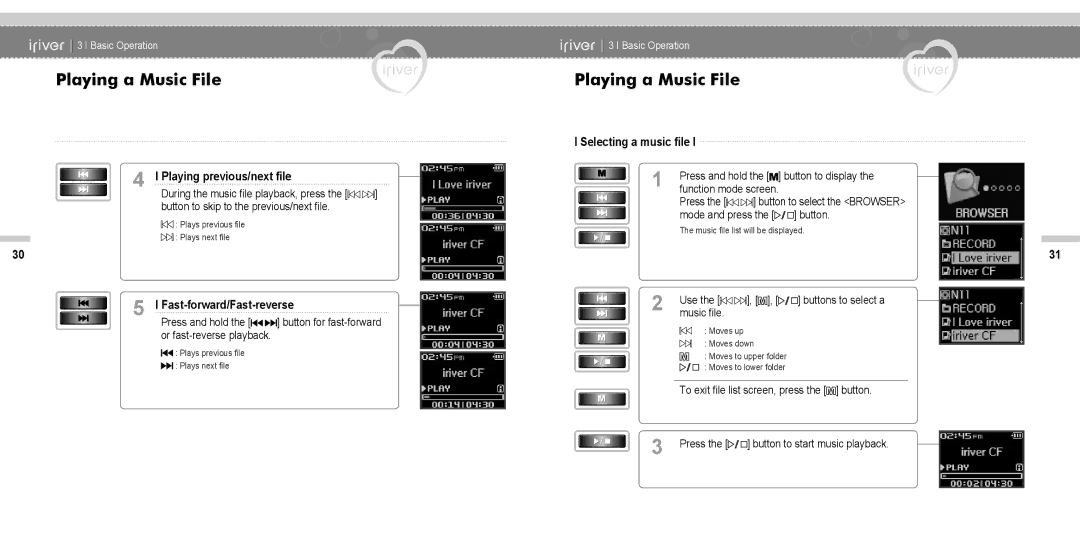 IRiver N11 Playing previous/next file, Selecting a music file, Fast-forward/Fast-reverse, Use the , , music file 