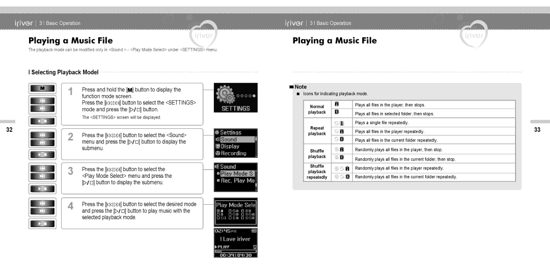 IRiver N11 instruction manual Selecting Playback ModeI, Button to display, Selected playback mode 