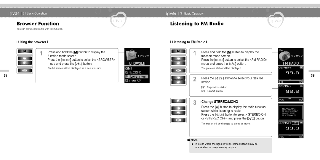 IRiver N11 instruction manual Browser Function, Using the browser, Listening to FM Radio, Change STEREO/MONO 