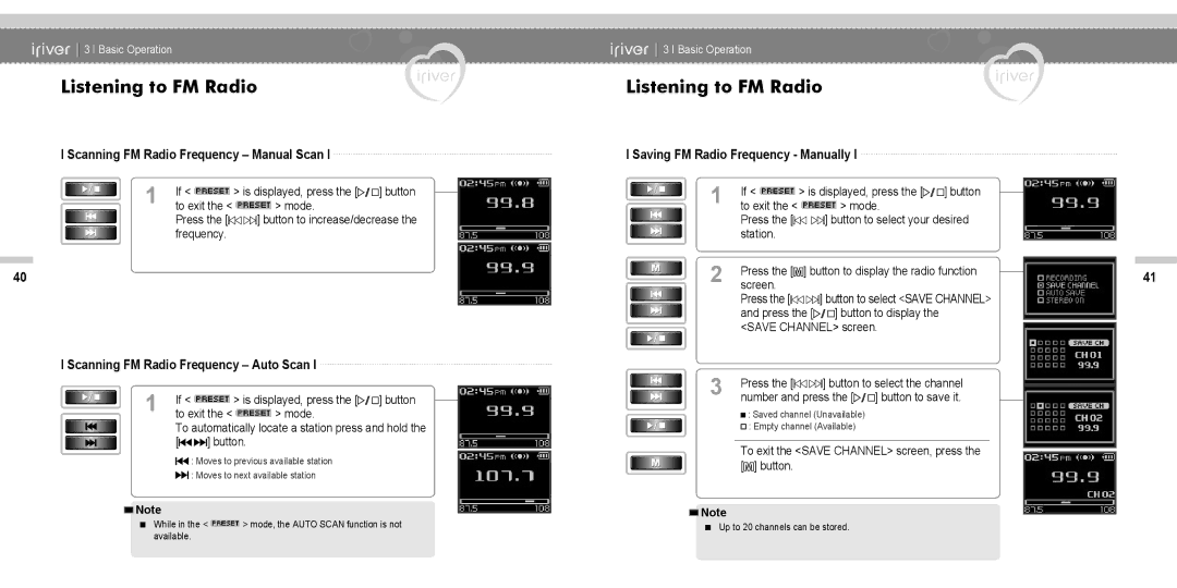 IRiver N11 instruction manual Scanning FM Radio Frequency Manual Scan, Scanning FM Radio Frequency Auto Scan 