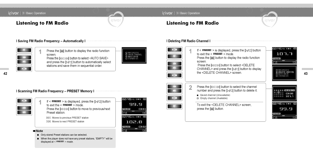 IRiver N11 Saving FM Radio Frequency Automatically, Deleting FM Radio Channel, Scanning FM Radio Frequency Preset Memory 