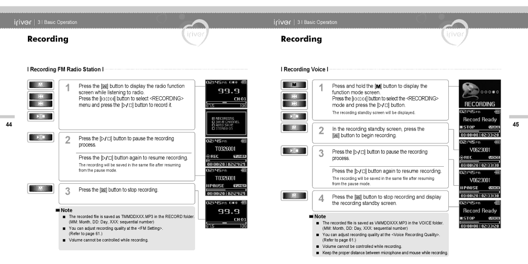 IRiver N11 instruction manual Recording FM Radio Station, Recording Voice 