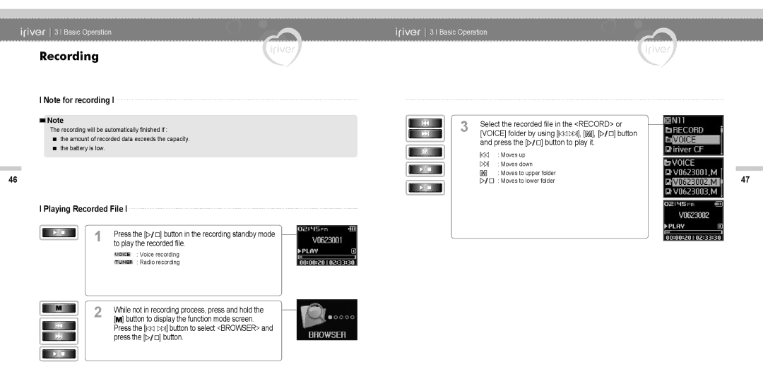 IRiver N11 instruction manual Playing Recorded File, Button to display the function mode screen 