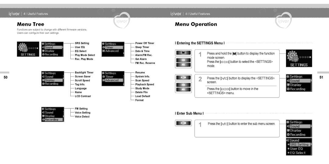 IRiver N11 instruction manual Menu Tree, Menu Operation, Entering the Settings Menu, Enter Sub Menu 