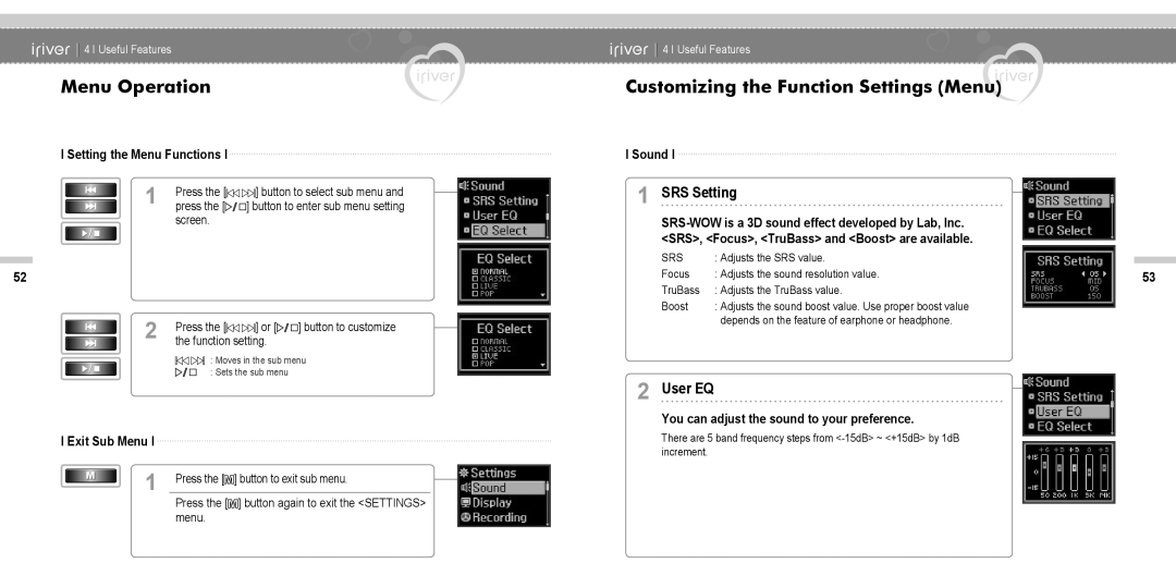 IRiver N11 instruction manual Customizing the Function Settings Menu, SRS Setting, User EQ 