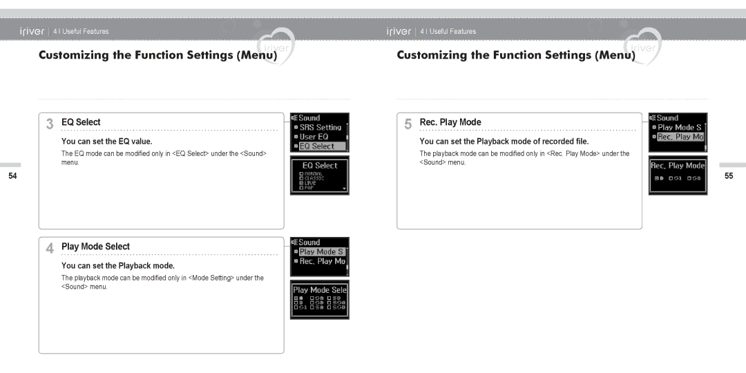 IRiver N11 instruction manual EQ Select, Rec. Play Mode, Play Mode Select 