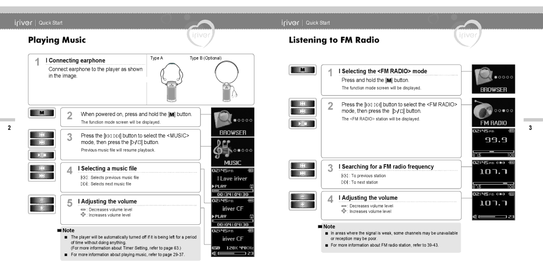 IRiver N11 instruction manual Playing Music, Listening to FM Radio, Connecting earphone 