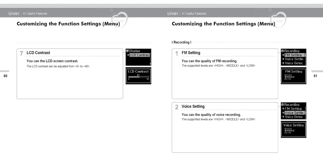 IRiver N11 FM Setting, Voice Setting, You can the LCD screen contrast, You can the quality of FM recording 