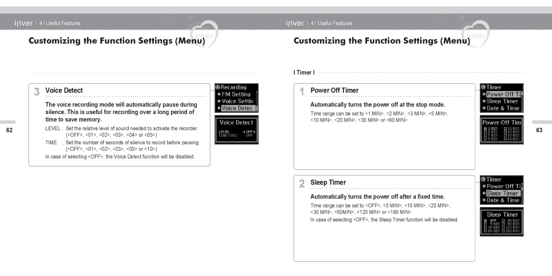 IRiver N11 Voice Detect, Power Off Timer, Sleep Timer, Automatically turns the power off at the stop mode 