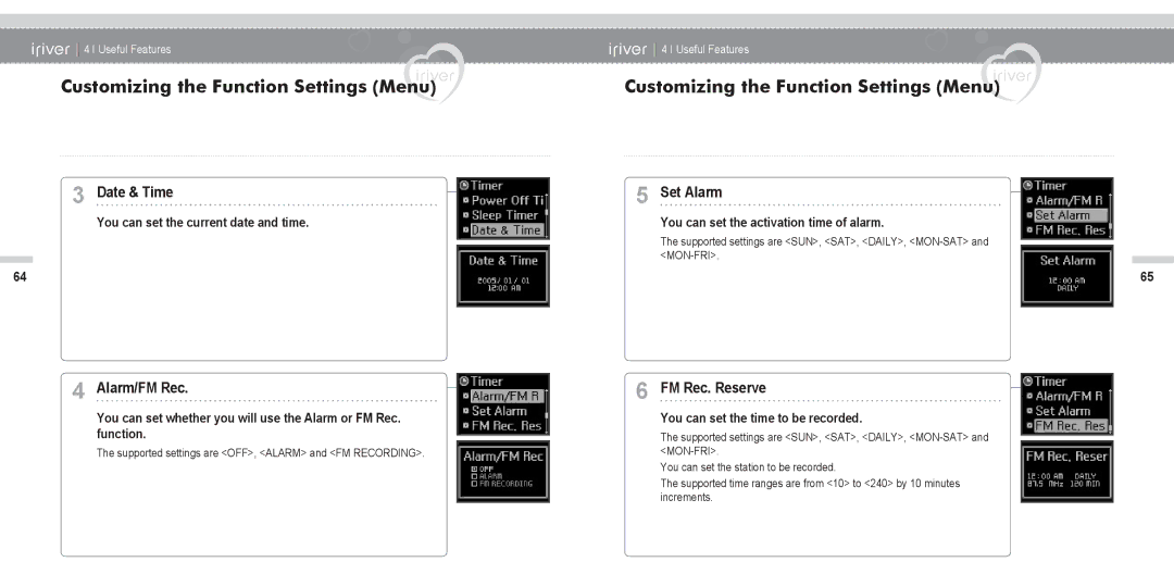 IRiver N11 instruction manual Date & Time, Alarm/FM Rec, Set Alarm, FM Rec. Reserve 
