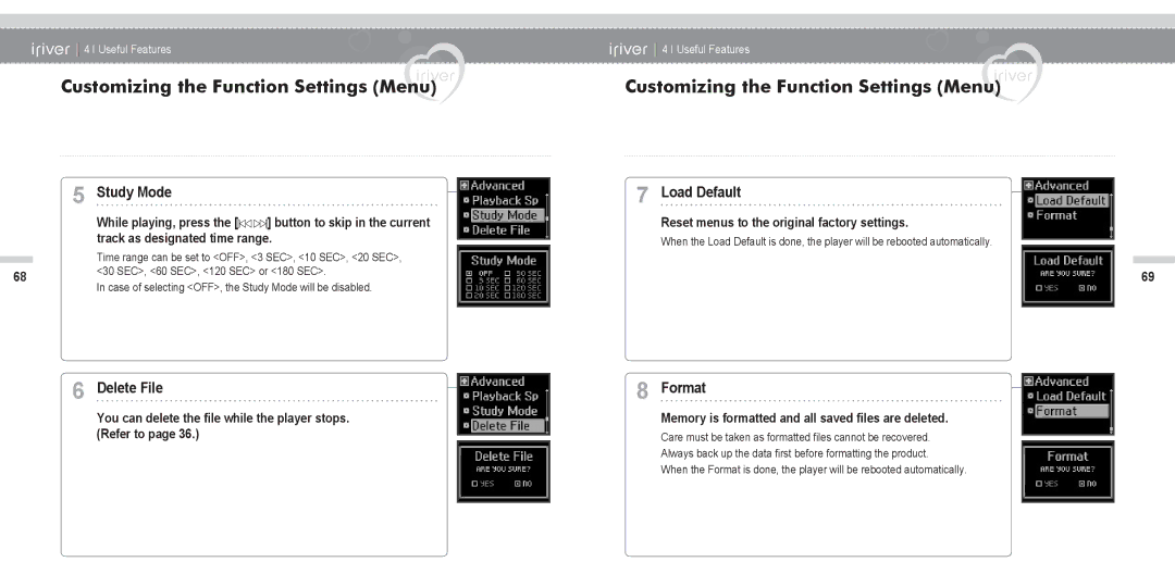 IRiver N11 instruction manual Study Mode, Delete File, Load Default, Format 