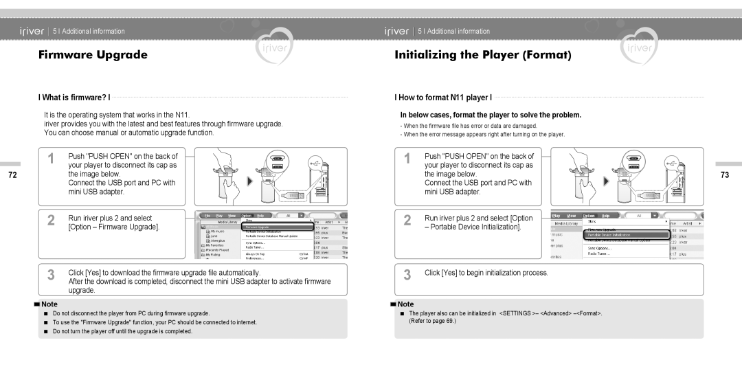 IRiver instruction manual Firmware Upgrade, Initializing the Player Format, What is firmware?, How to format N11 player 