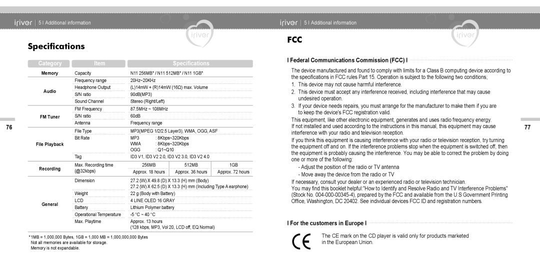 IRiver N11 instruction manual Specifications, Federal Communications Commission FCC, For the customers in Europe 