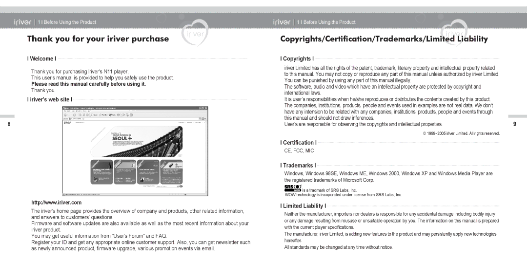 IRiver N11 instruction manual Thank you for your iriver purchase, Copyrights/Certification/Trademarks/Limited Liability 