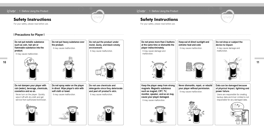 IRiver N11 instruction manual Safety Instructions, Precautions for Player 