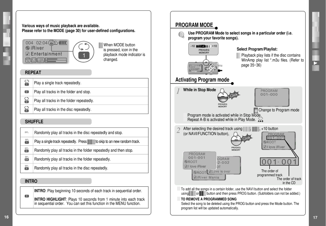 IRiver SlimX 450, iMP-350 user manual Program Mode, Activating Program mode, While in Stop Mode 