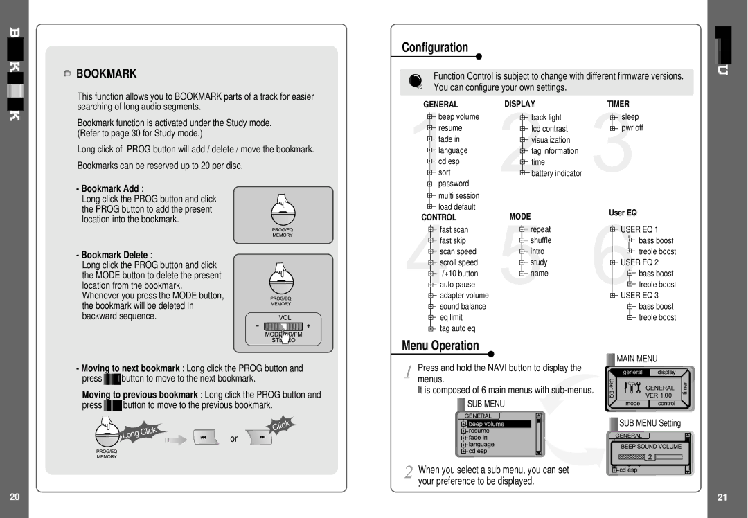 IRiver SlimX 450, iMP-350 user manual Configuration, Menu Operation, Bookmark Add, Bookmark Delete 