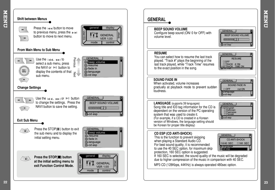 IRiver iMP-350, SlimX 450 user manual General, Beep Sound Volume, Resume, Sound Fade, Cd Esp Cd Anti-Shock 