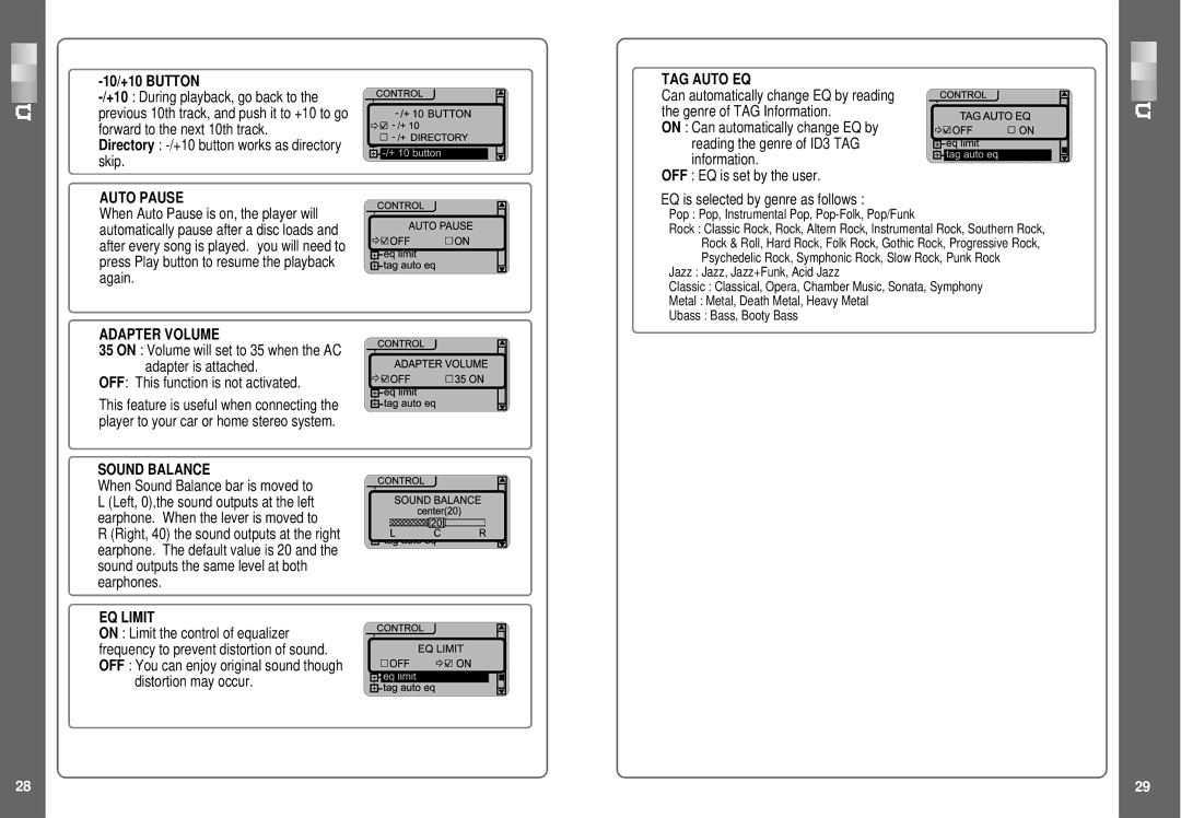 IRiver SlimX 450, iMP-350 user manual Auto Pause, Adapter Volume, Sound Balance, EQ Limit, TAG Auto EQ 