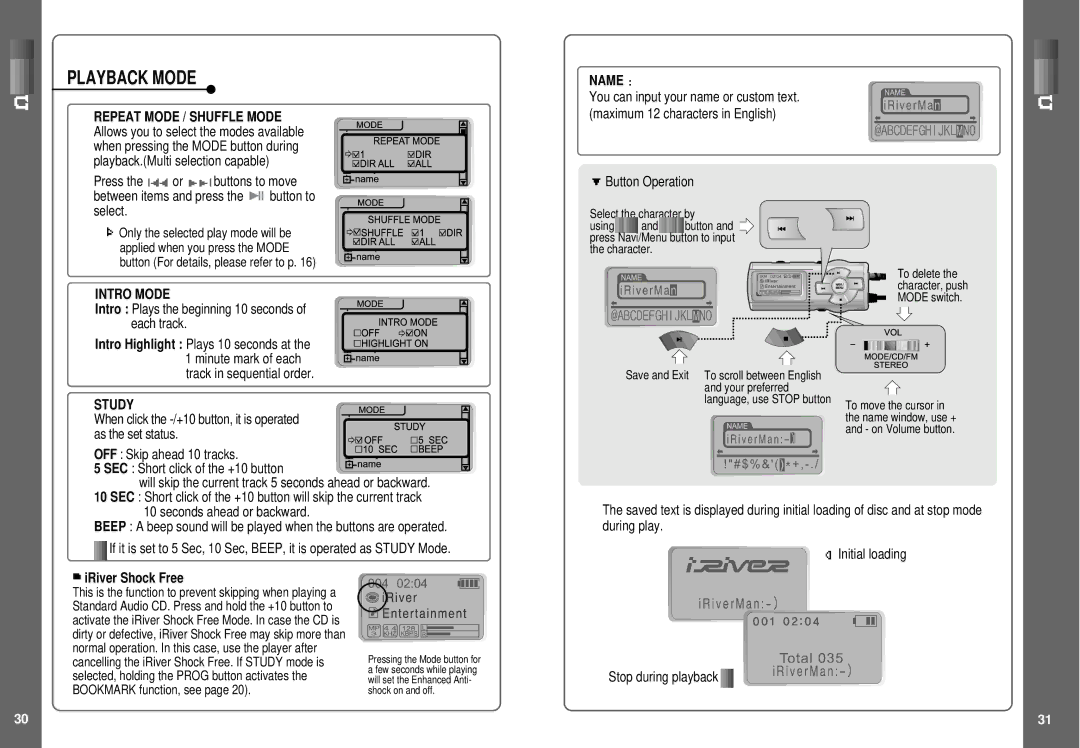 IRiver iMP-350, SlimX 450 user manual Playback Mode, Intro Mode, Study, Name, IRiver Shock Free 