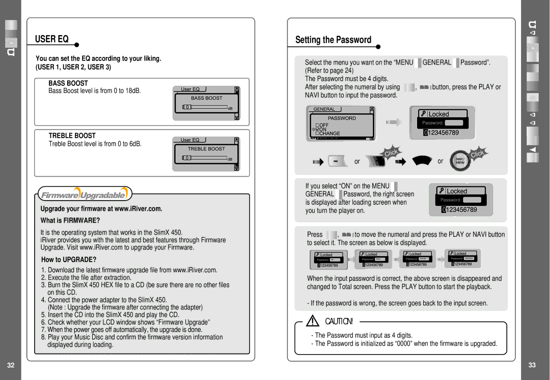 IRiver SlimX 450, iMP-350 user manual User EQ, Setting the Password, Bass Boost, Treble Boost 