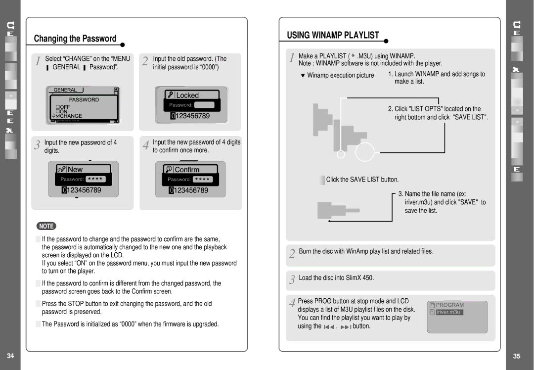 IRiver iMP-350, SlimX 450 Changing the Password, Using Winamp Playlist, Input the new password of 4 digits, Make a list 